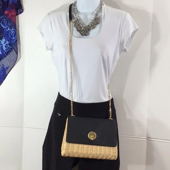 Ted Baker tan and black woven straw rattan crossbody Elava bag NWT